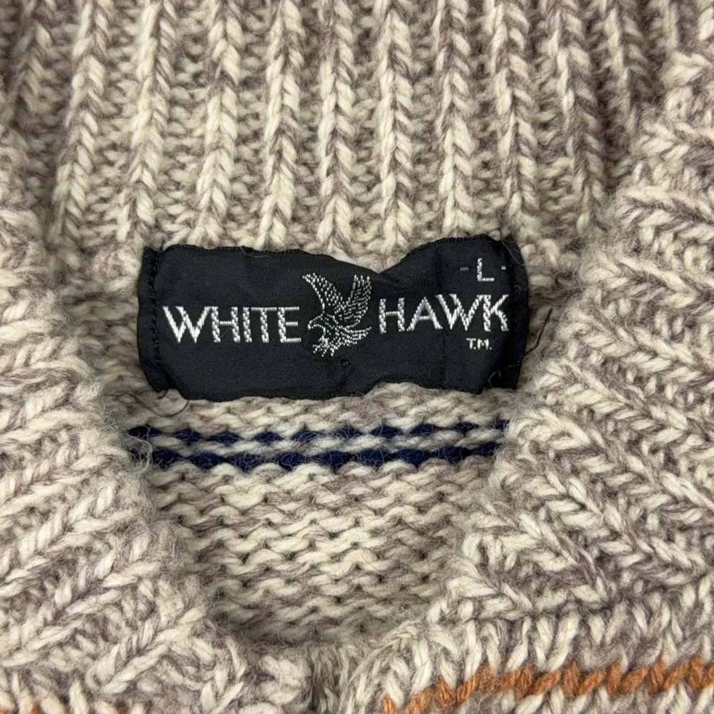 VTG White Hawk Striped Sweater Mens Large Chunky Knit Mock Neck 80s Ski Cabin